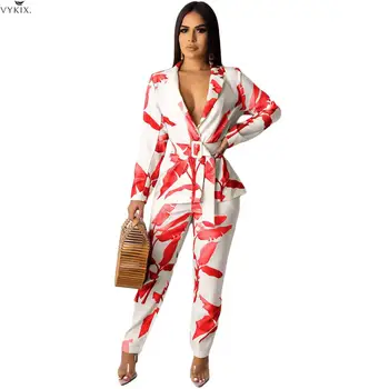 

Women Two Piece Outfits Leaf Print Long Sleeve Blazer & Pants Suit Two Piece Set Outfits Office Lady Overalls Winter Outfits