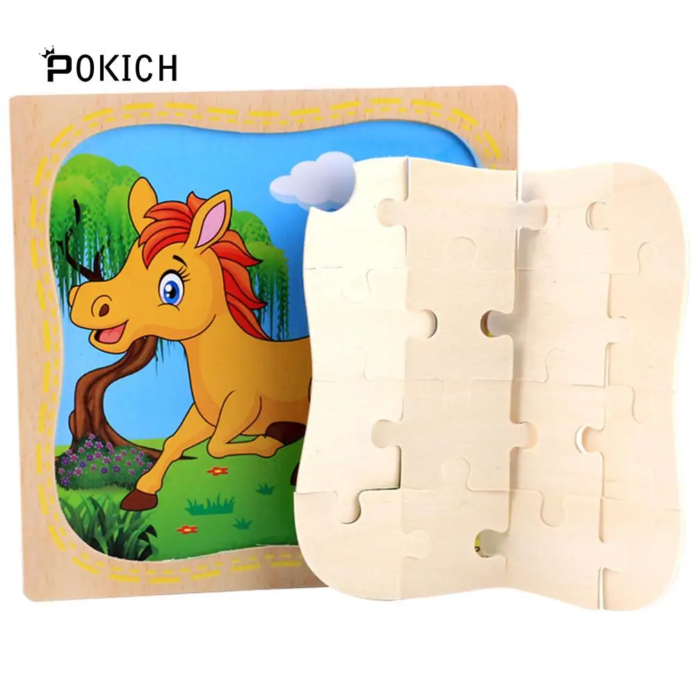 Pokich деревянные пазлы Игрушки 16 шт. дети радость Превосходное качество головоломки мультфильм Животные Развивающие головоломки игрушки для детей