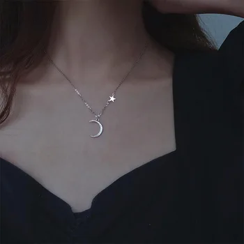 

OBEAR Silver Plated Shiny Zircon Moon Star Necklace For Women Bride Jewelry Clavicle Chain Birthday Gift