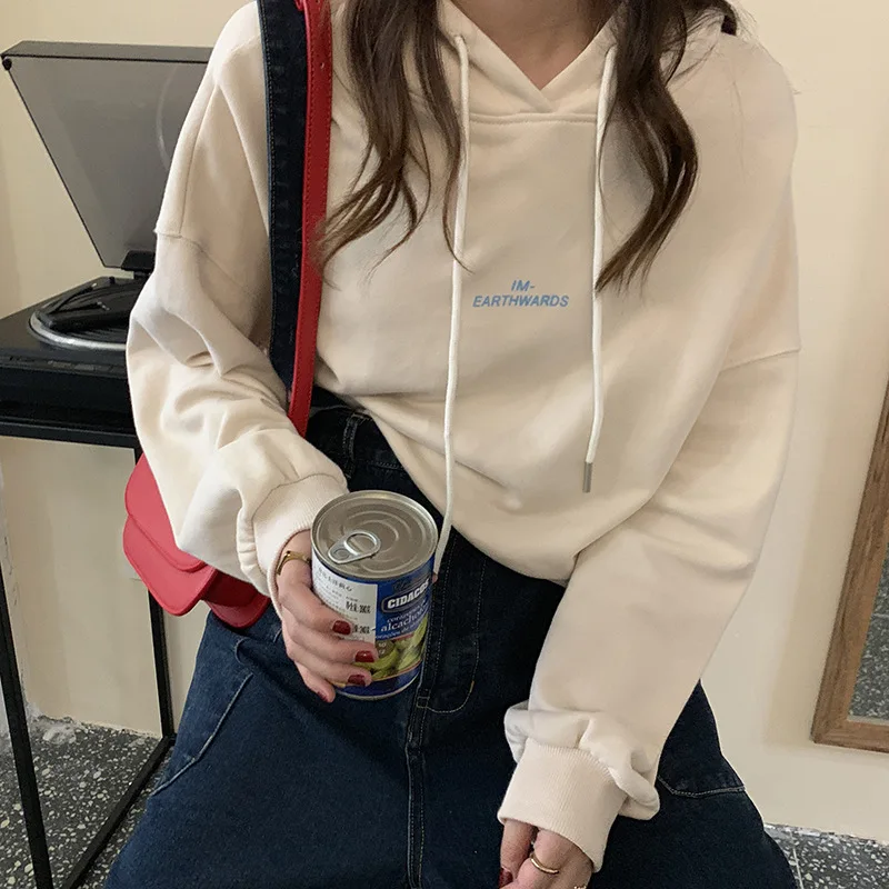 

Simple Letter Print Cropped Hoodie Women's 2020 New Winter Korean Style Drop Shoulder Loose Top Sweatshirt Women Hoodies