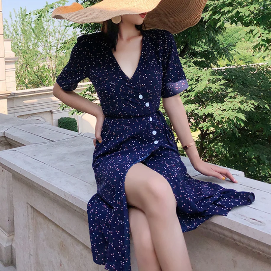 2022 Summer Dress Wrap knee length Dress short sleeve Vintage floral