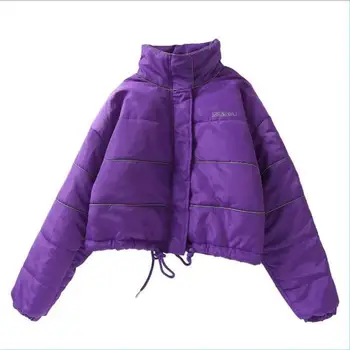 

Autumn winter leisure reflective short high waisted collar women jacket fashion casual streetwear femme cotton-padded coat