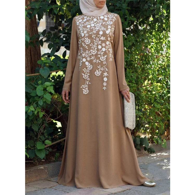 

Fashion Muslim Embroidery Maxi Dress Arab Dubai Folk-custom Long Sleeve Printing Big Swing Breathable Skin-friendly Party Abaya