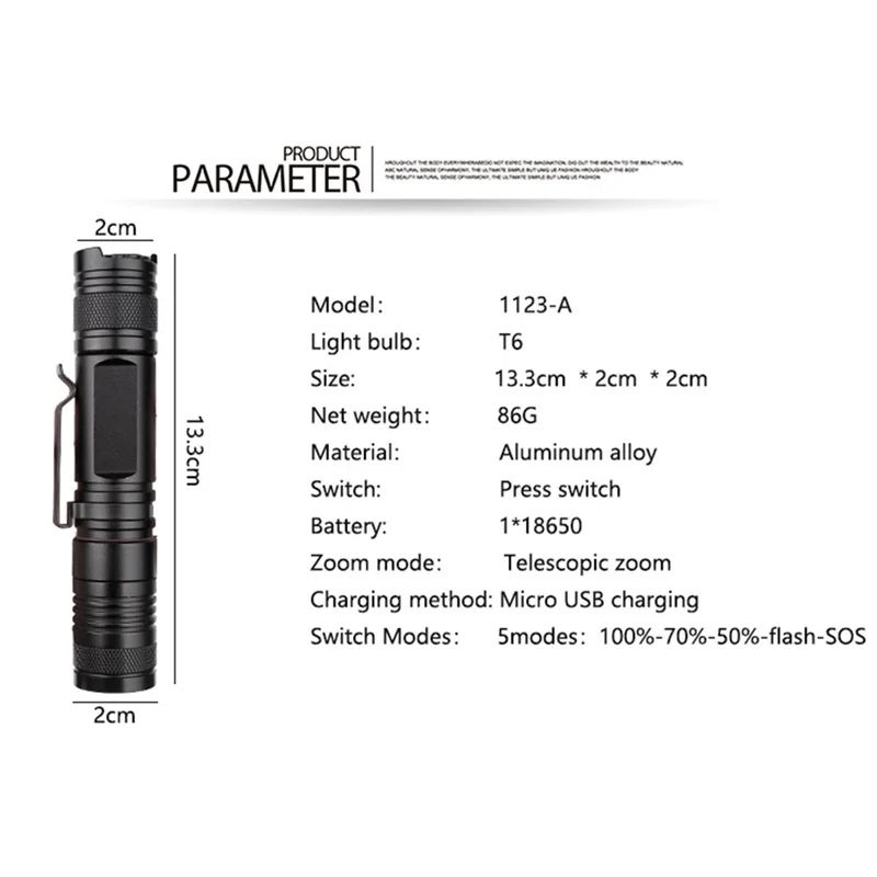 Outdoor Zoomable Flashlight XM-L T6+ COB LED Torch Lamp Penlight USB Charging