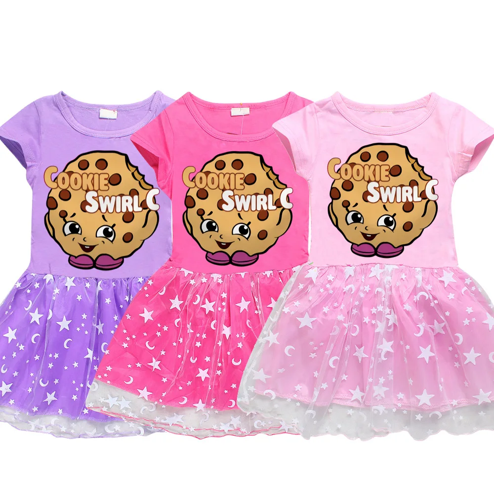

New Kids Toddler Cotton Cookie Swirl C Summer Girls Short Sleeve Dresses Cartoon Wavelet Point for Baby Girl Clothes 2-14 Years