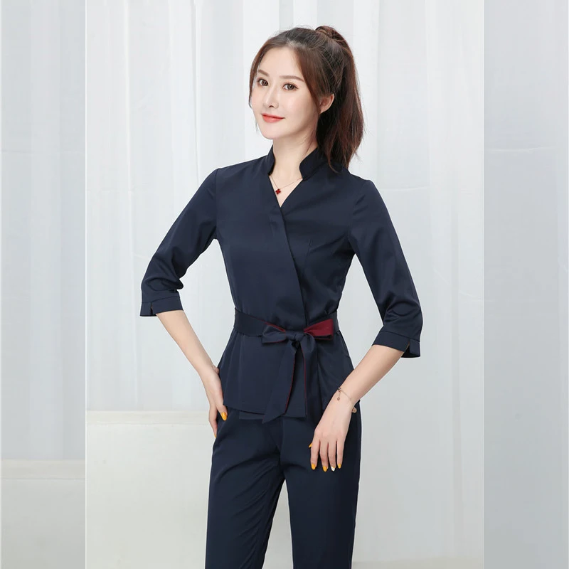 Autumn women's blue Beauty salon clothing Beauty uniform hotel waiter work clothes SPA Uniform sauna foot bath Uniforms