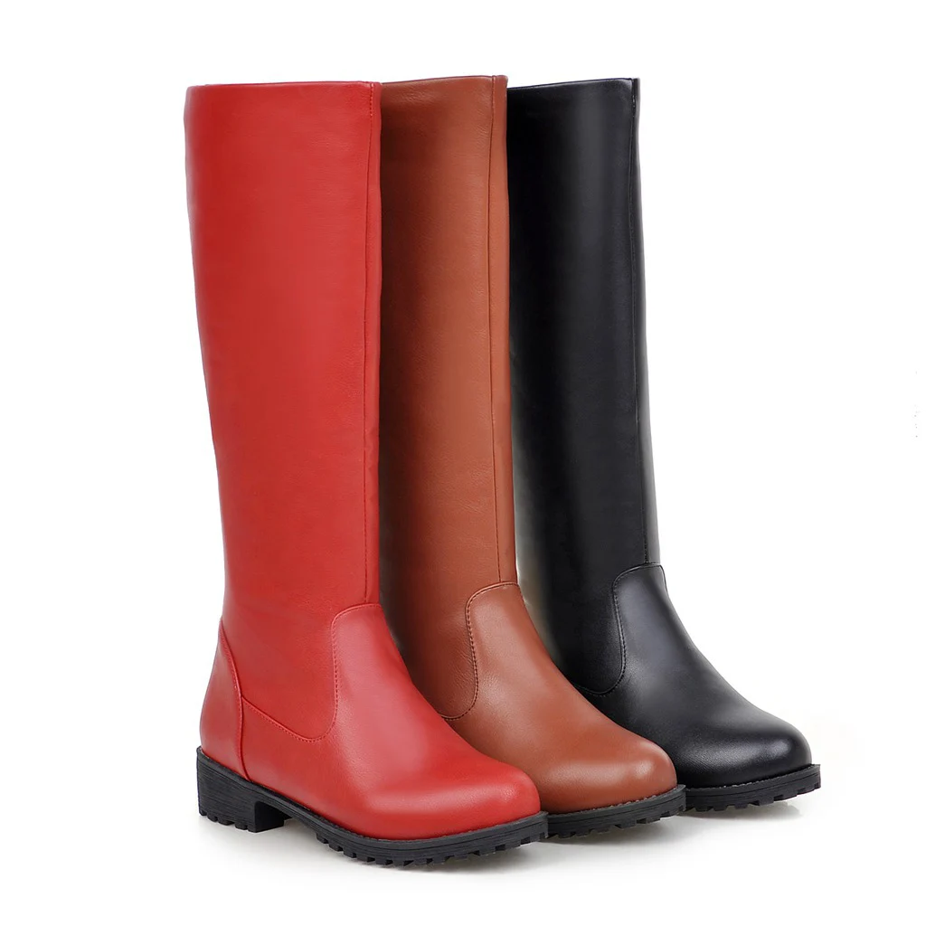 Women Shoes Autumn Winter Riding Boots Square Heel Western Boots Slip-On Med Heel Knee High Boots Ladies New Red Plus Size34-43