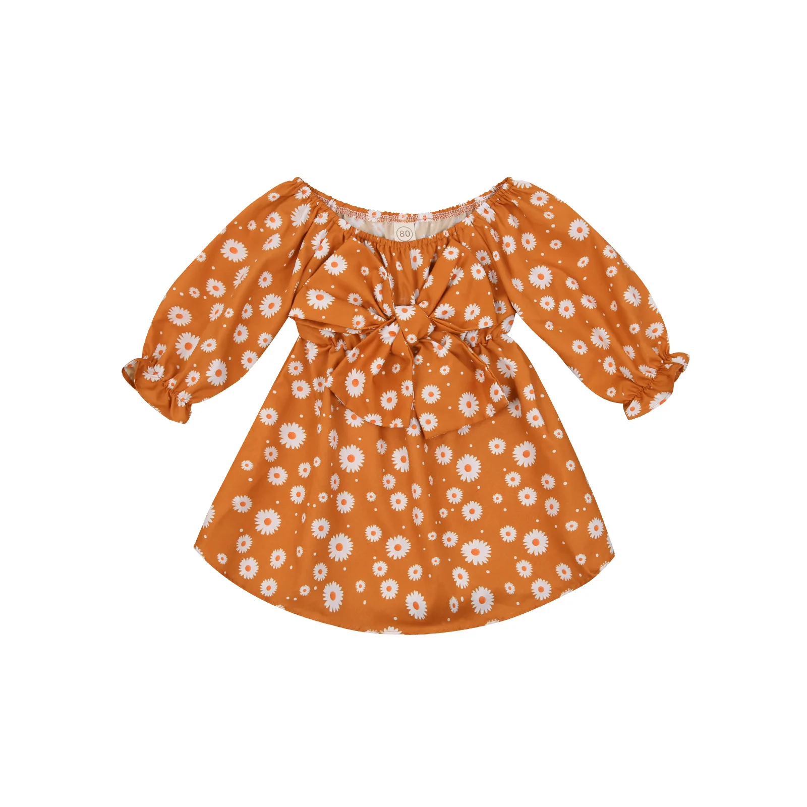 

Autumn Princess Baby Girls Dress Sunflowers Print Ruffles Long Sleeve Off Shoulder Bowknot A-Line Dress 1-5Years