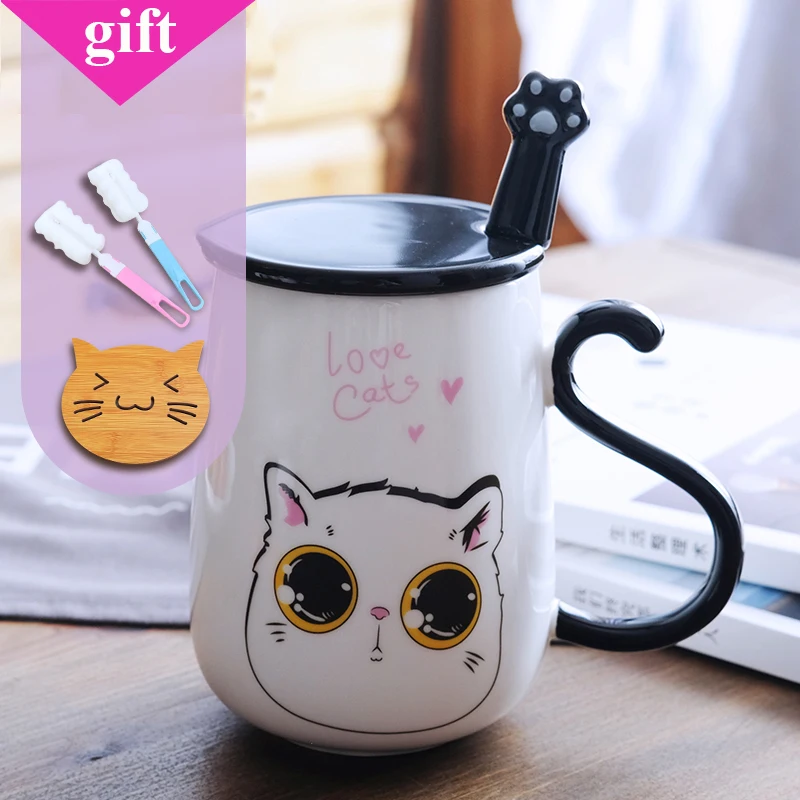 Пара кружка с изображением кошачьей мордочки большая офисная керамическая чашка с крышкой и ложкой креативная Студенческая чашка для кофе и молока - Цвет: .