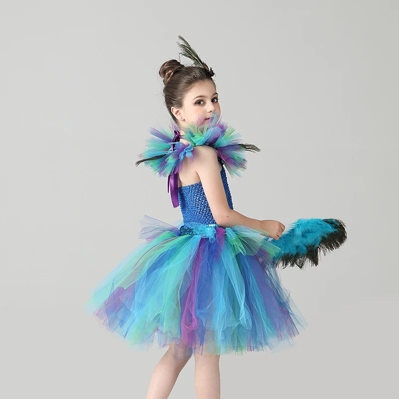 Girls Royal Peacock Tutu Costume Kids Peacock Princess Carnival Fancy Dress Ballerina Halloween Birthday Party Girl Tutu Dress (10)