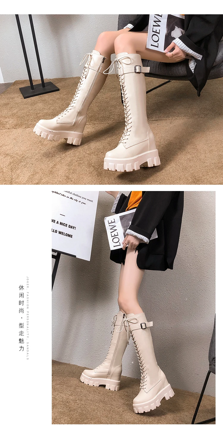 patent leather knee high boots fashion women's increased shoes winter warm lace-up long boots platform punk boots