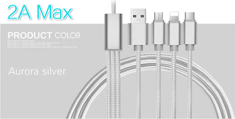 3 цвета, 3 в 1, USB кабель для мобильного телефона, Micro usb type-C, зарядный кабель для iPhone XR, samsung, Note 9, зарядный кабель, зарядный шнур - Цвет: Silver 2A Cable