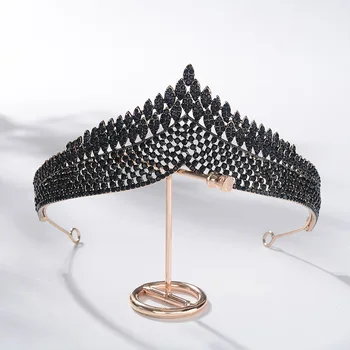 

KMVEXO Korean Gorgeous Black Crystal Bridal Tiaras Crown Rhinestone Diadem Veil Tiara Bride Headbands Wedding Hair Accessories