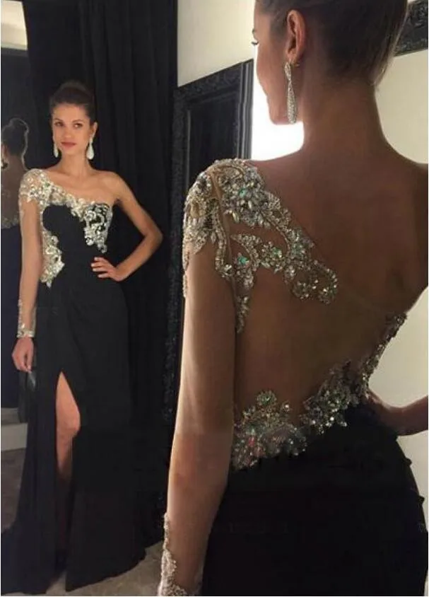 Vestido de festa, Черное вечернее платье, украшенное кристаллами, вручную Расшитое Бисером, на одно плечо, с длинными рукавами, длинное вечернее платье, вечерние платья