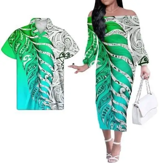 Jackherelook Womens Vintage Maxi Dresses Samoan Hibiscus Polynesian Tribal Brand Design Summer Unisex Clothes Off Shoulder Dress Turquoise