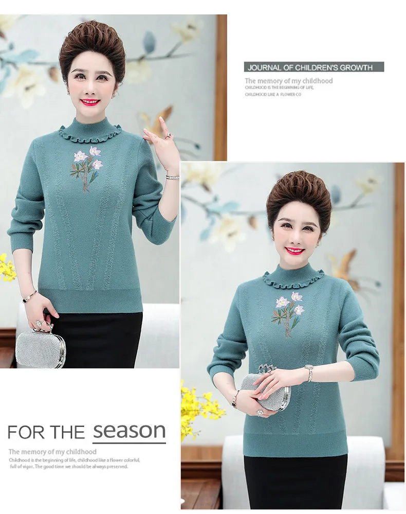 XJXKS Women winter sweater new exquisite embroidery plus size cashmere knit turtleneck sweater women pullover