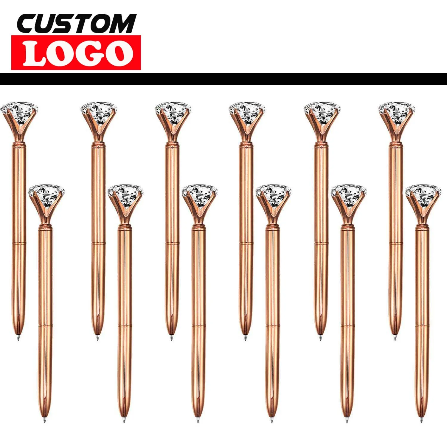 1000Pcs Big Crystal Diamond Metal Ballpoint Pen Ring Wedding Office Gift Roller Ball Black Blue Ink Rose Gold Free Custom Logo | Канцтовары