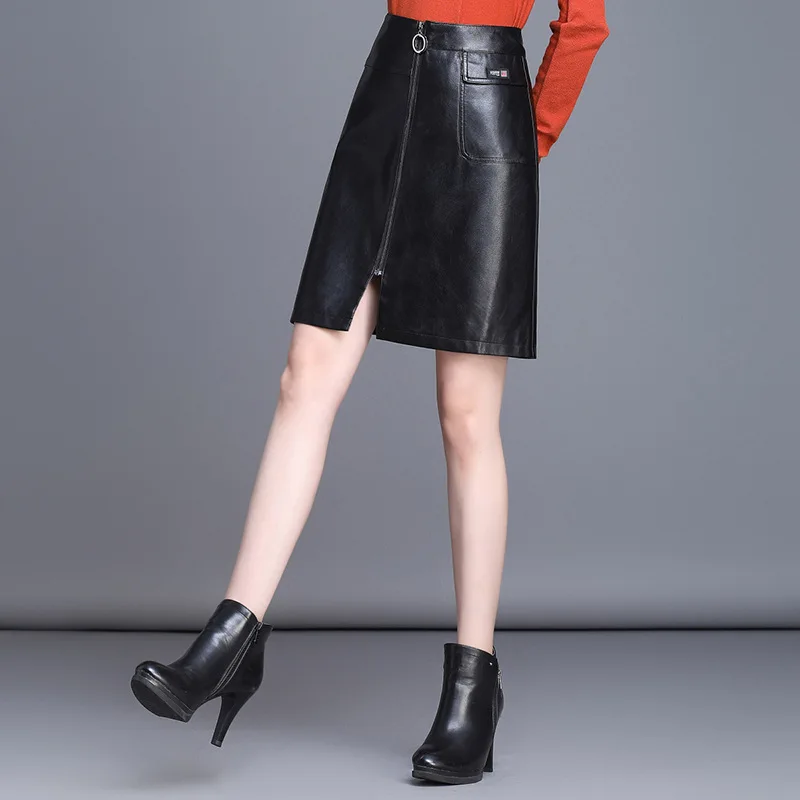 

2019 Autumn And Winter New Style WOMEN'S Dress Sheep Skin Sheath Skirt PU Leather High-waisted Slimming Slim Fit A- line Skirt M