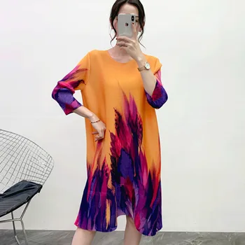 

iMucci 2020 Spring New O-neck Print Loose Dress Draped Design Fashion Casual Style Seven Points Sleeve Hit Color Dress TM1591
