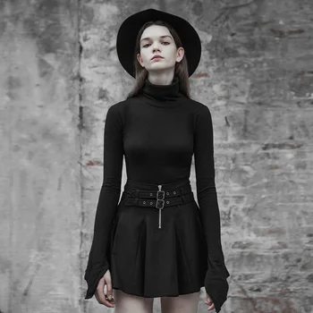 

PUNK RAVE Women's Woolen Half Skirt with Belt Punk Personality Splice Mini Umbrella Skirt