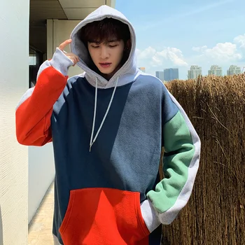 

Winter New Plus Velvet Hoodies Men's Fashion Contrast Color Casual Hooded Sweatshirt Man Streetwear Wild Loose Hip Hop Hoodie