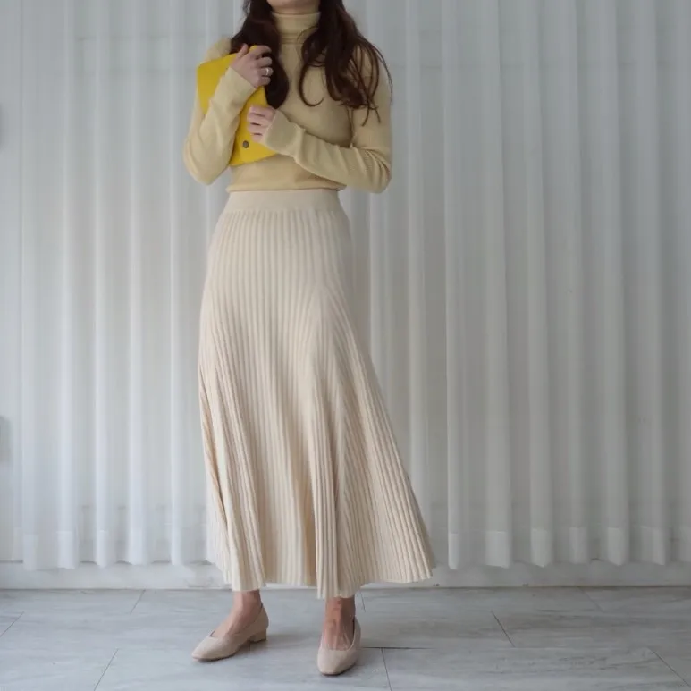 Autumn Female Knitting Umbrella Skirt Solid Color High Waist Stretched Women Pleated Maxi Skirts Plus Size Female Clothes