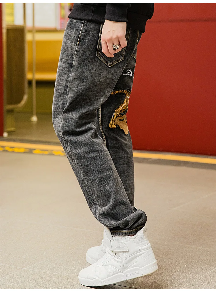 Новые оригинальные прямые джинсы в китайском стиле с вышивкой тигра