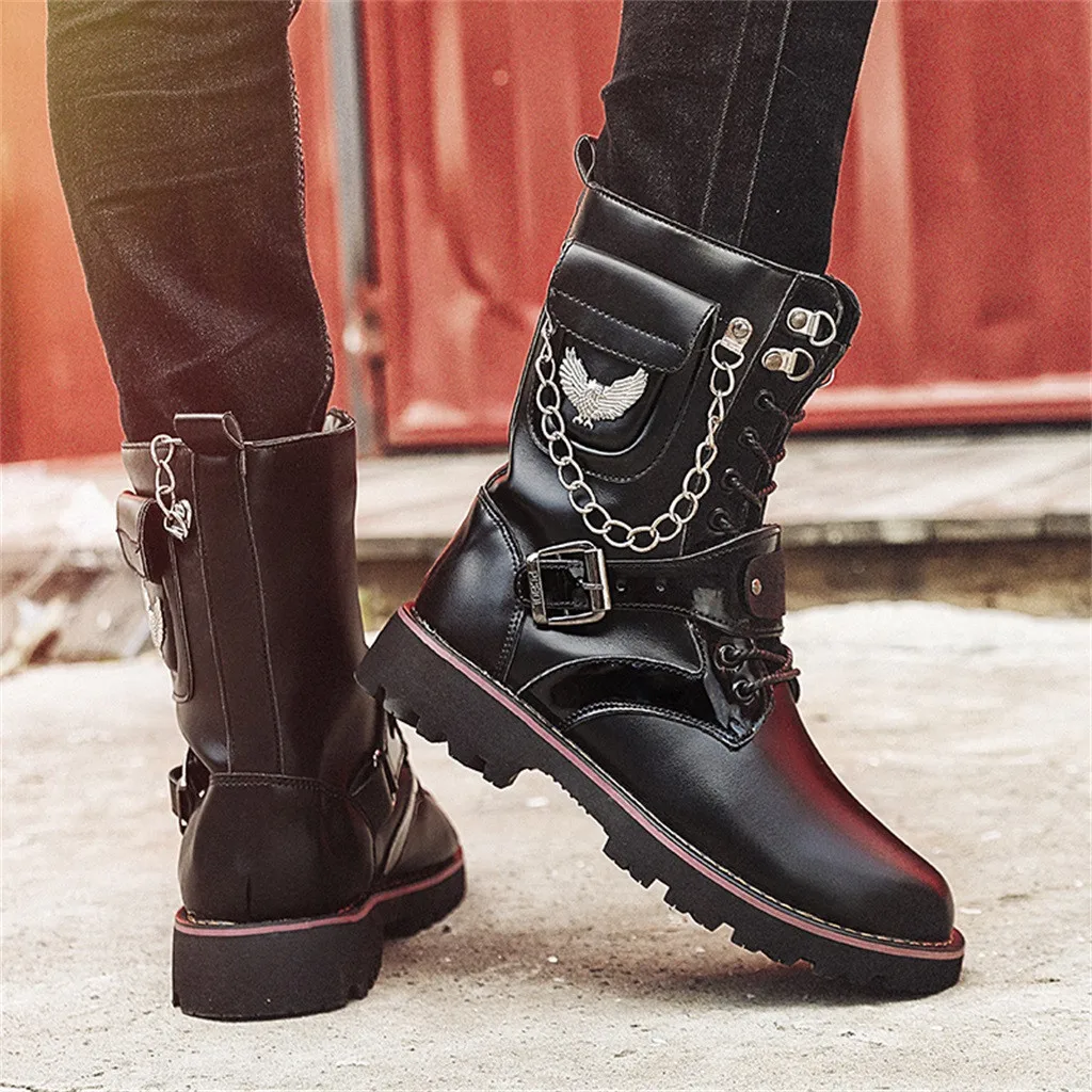

2019 Men's Leather Boots Mid Tube Winter Motorcycle Boot Stylish Cowboy Low Heel Martin Boot With Chain Buckle Ankle Shoes Mens