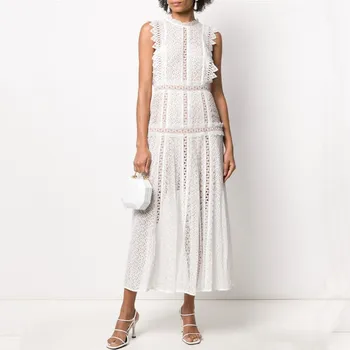 

New 2020 Self Portrait Designer Runway Dresses Summer Women High Quality Sleeveless White Lace Long Mid-calf Party Dress