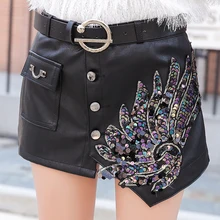 Неравномерная Корейская блестящая юбка с поясом, украшенная бисером, для женщин, новинка, Осень-зима, модная искусственная кожа, сексуальная юбка, Jupe Femme B9N331