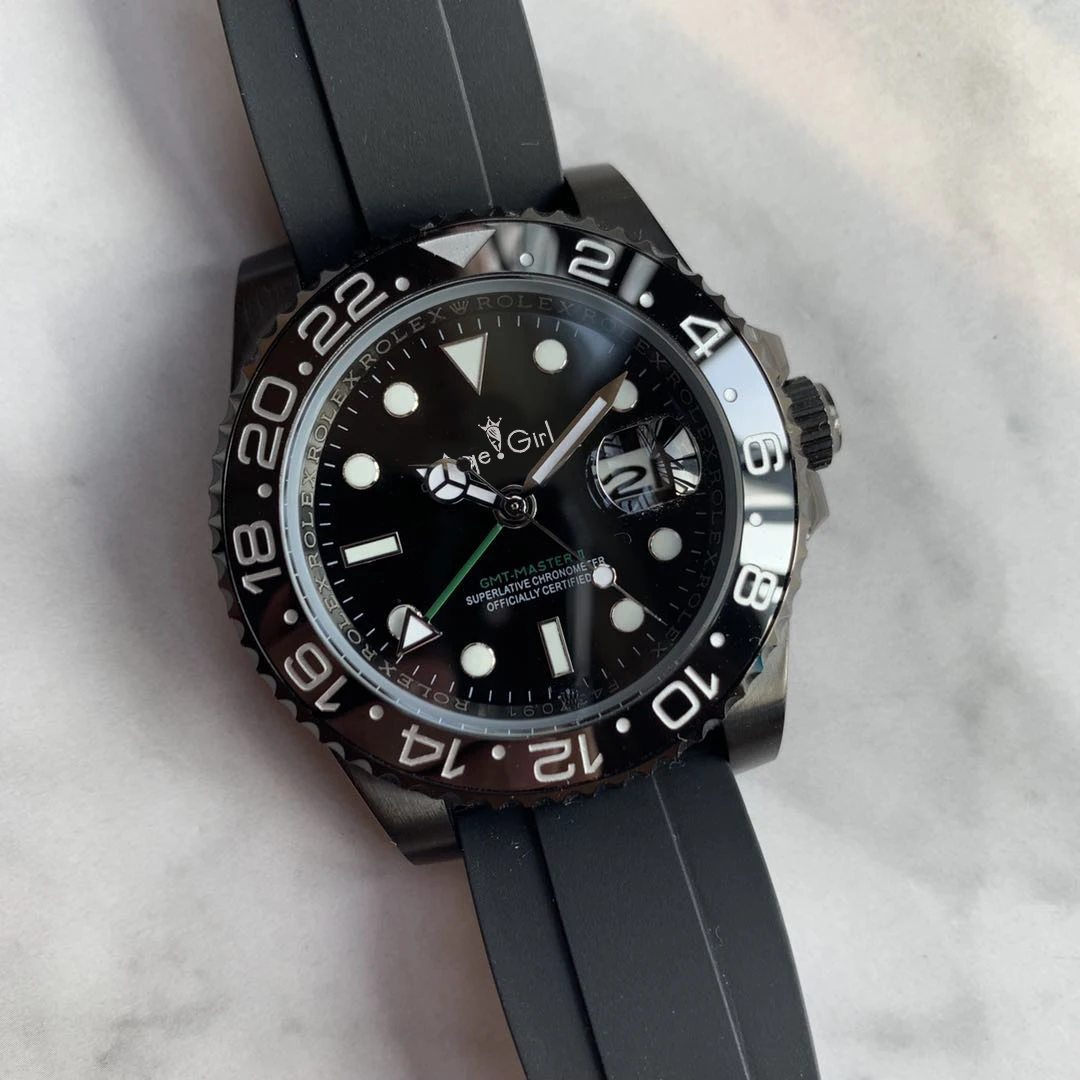 

Luxury Brand New Men Automatic Mechanical Watch Full Black Case Red Blue Ceramic GMT II Stainless Steel Sapphire Rubber Bracelet