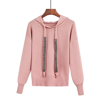 

Spring Korean Style Striped Women Loose Sequin Hooded Knitted Multicolor Long Sleeve Sweater Girls Pullovers Hot Sale Ladies top
