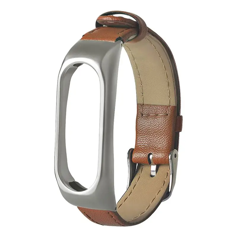 Brown AABB-сменный кожаный ремешок на запястье для Xiaomi Mi Band 2 металлический чехол - Цвет: Brown