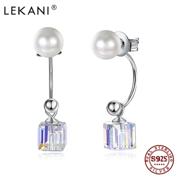 

LEKANI 925 Sterling Silver Pearl Earrings For Women's Cube Crystal Luxury Studs 2020 Hot Sale Jewelry Fashion Wedding Earrings