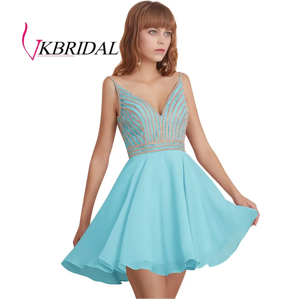 VKBRIDAL сексуальное короткое платье с v-образным вырезом для выпускного вечера Новое шифоновое бисерное милое платье с v-образным вырезом сзади - Цвет: light blue