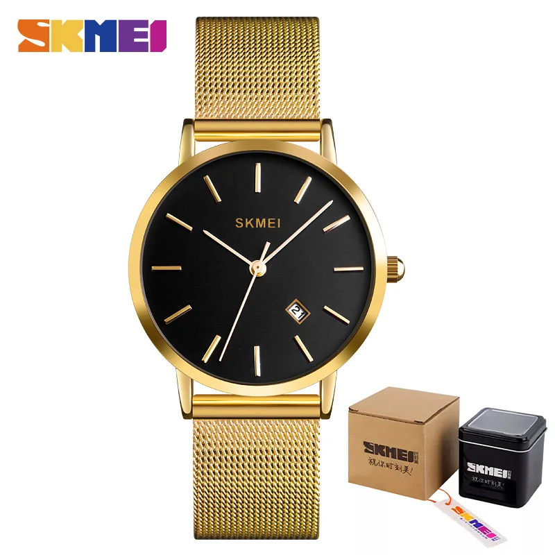 SKMEI Fashion Women Watch Casual Quartz Wristwatches Simple Style 3bar Waterproof Stainless Steel Watchband reloj mujer 1530 - Color: Gold with box