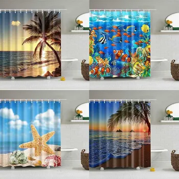 

1PC Green Tropical Plants Shower Curtains for Bathroom Polyester Seaworld Shower Curtain Printing Curtain Beach Shower Curtains