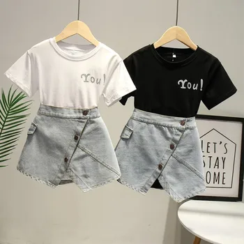 

2020 New Fashion Letter Print T-Shirt Top And Denim Blue Color Skirt 2pcs Set Wholesale