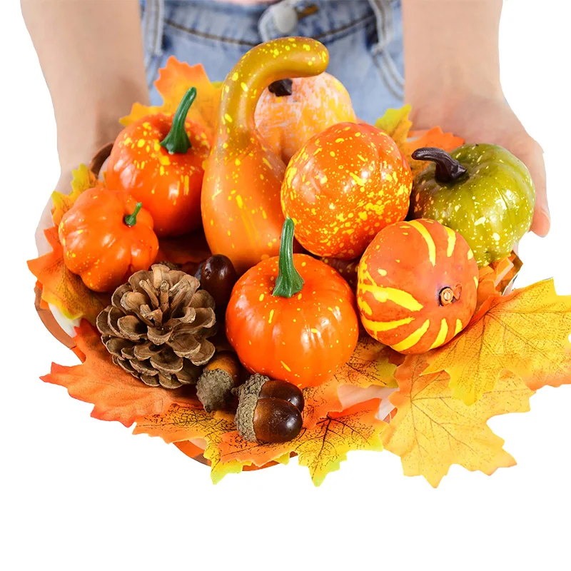 50pcs Autumn Simulation Fake Pumpkin Set Halloween Thanksgiving Pumpkin Decora Pine Cones Maple Leaves Acorns Prop Fall Decor