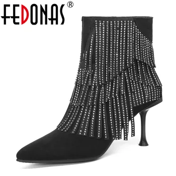 

FEDONAS Elegant Women Suede Leather High Heeled Ankle Boots Warm Winter Chelsea Boots Rhinestone Fringe Prom Dancing Shoes Woman