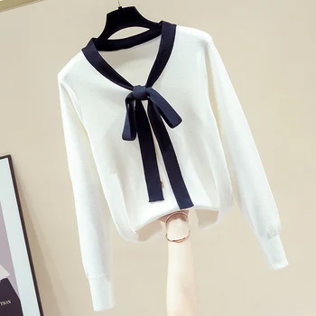 

COIGARSAM Preppy Style Full Sleeve blouse women New Knitting Loose Bow blusas womens tops and blouses White Pink Blue Black 5567