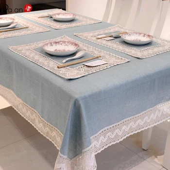 

Simple Europe Blue Tablecloth Linen Cotton Lace Edge Rectangular Dust Proof Table Covers for Tea Table Fridge High Quality