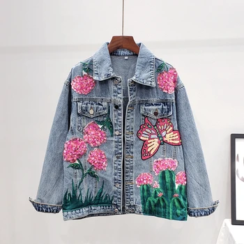 

Fashion Beading Sequins Flowers Butterfly Denim Jacket Women Basic Coat Loose Long sleeve Jeans Jacket Female Casual Streetwear