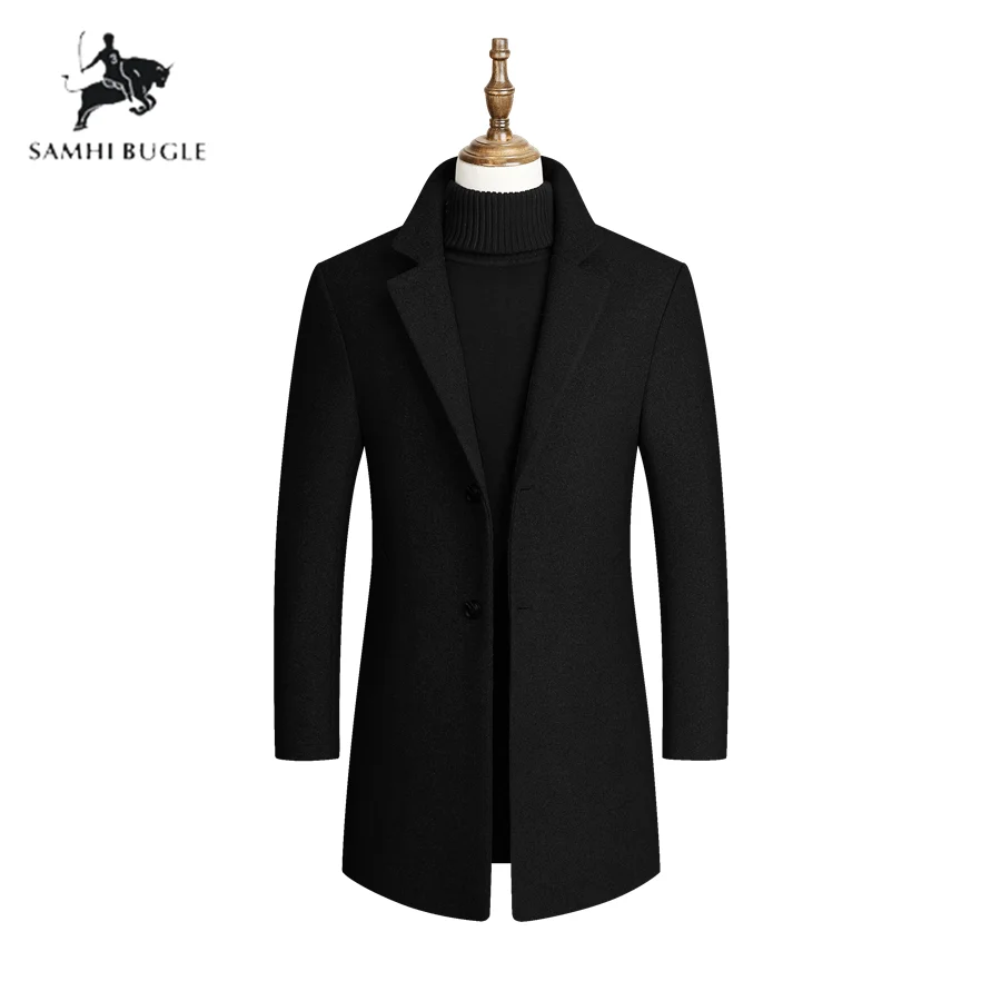 Фирменные SAMHI BUGLE, высококачественные мужские шерстяные пальто, мужские длинные приталенные тренчи, Зимние новые мужские шерстяные пальто - Цвет: Черный