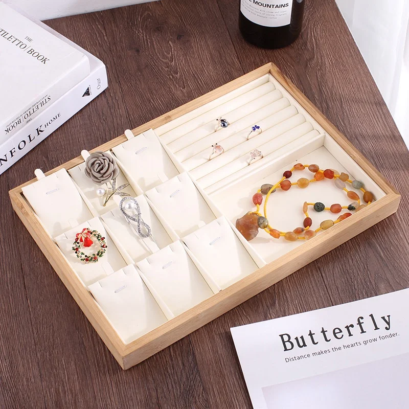 Bamboo Wood Jewelry Display Jewellery Tray Ring Holder Necklaces Organizer Bracelets Showcase Pendants Box