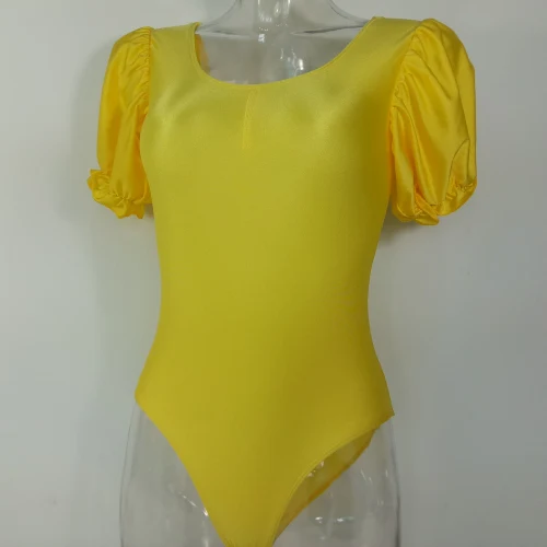 Yellow Персиковый нейлоновый/лайкровый трико с пышными рукавами и кулиской спереди для девочек, боди для гимнастики и балета - Цвет: Yellow