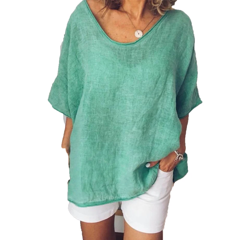  2019 Plus Size Basic T Shirt Top Cotton Linen Loose Shirts Women Casual Short Sleeve V-Neck Womens 