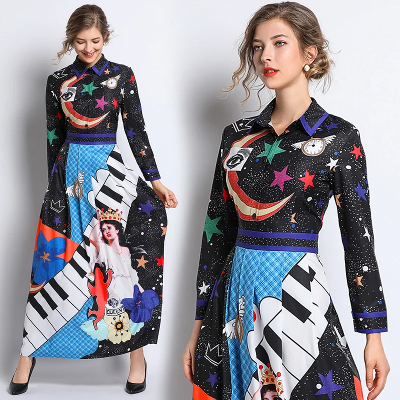 

New Arrival Women's Runway Designer Dresses Long Sleeve Turn Down Collar Angel Pattern Moon Star Printed Maxi Long Dresses