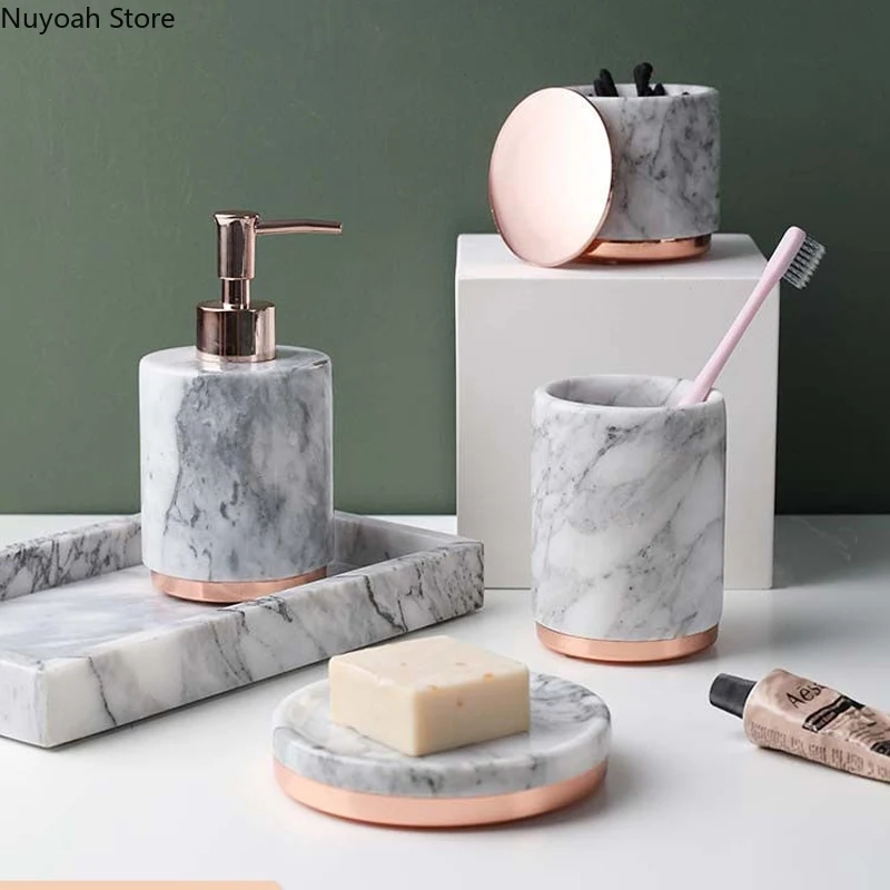 Bathroom Supplies Natural Marble Mouthwash Cup Soap Tray Lotion Bottle Cotton Swab Box Luxury Decoration Accessories | Дом и сад