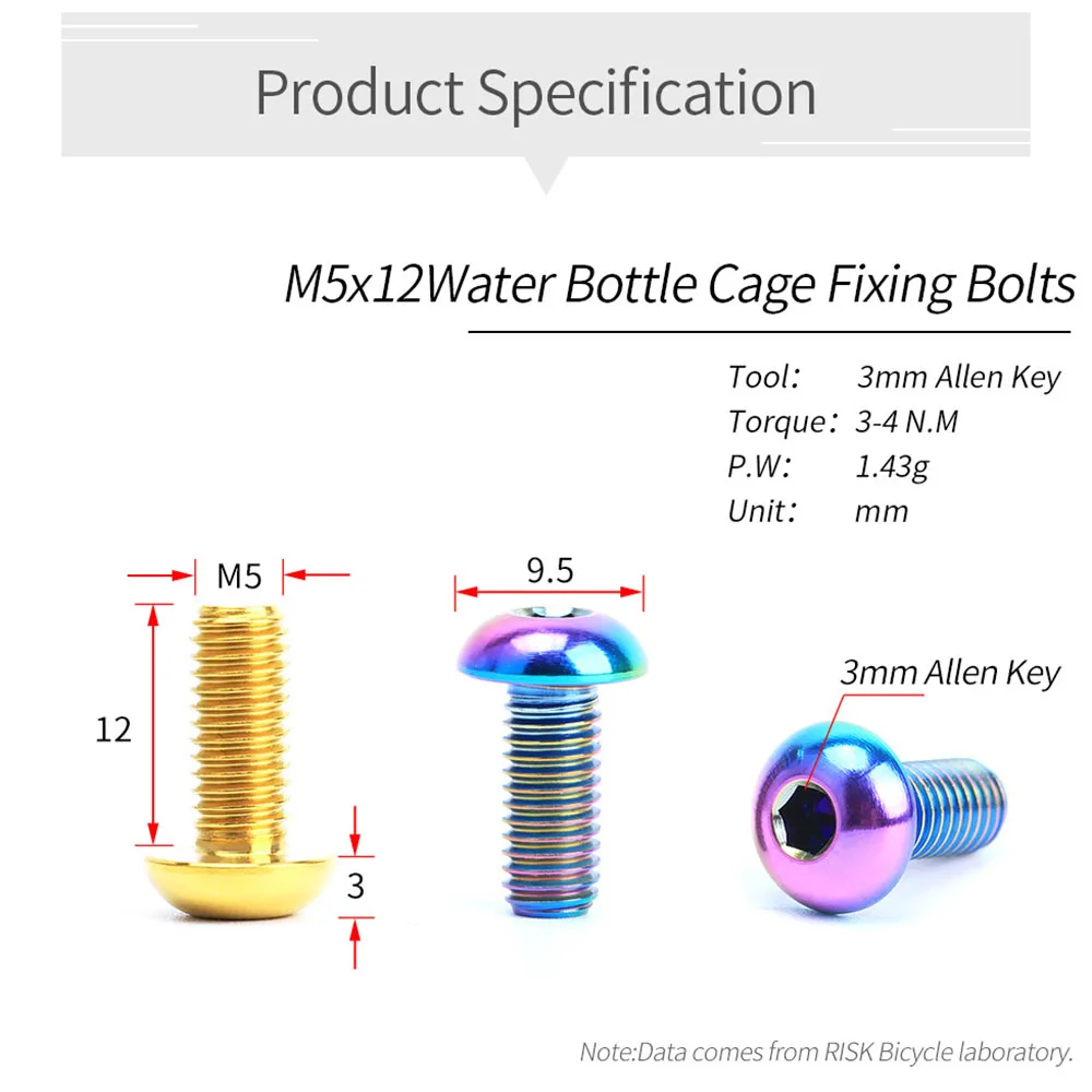RISK Titanium Bolts M5x12 2pc Bicycle Bottle Cage Bolts MTB Road Bike Water Holder Fixed Screw Air Pump Bracket Bolt Accessories bicycle bottle cage screws